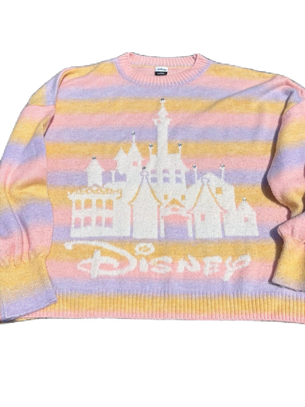 Disney Pastel Rainbow Castle Sweater Striped XL Pink Yellow Magic Kingdom